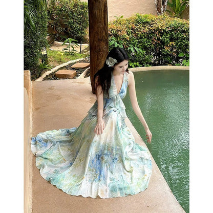 Green Printed Halter Neck Resort Fairy Gown Dress