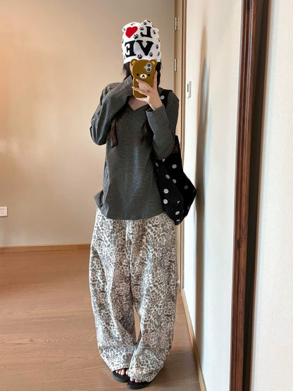 Korean Relaxed V-Neck Long Sleeve Tee  Sheer Slub Cotton Loose Fit Top