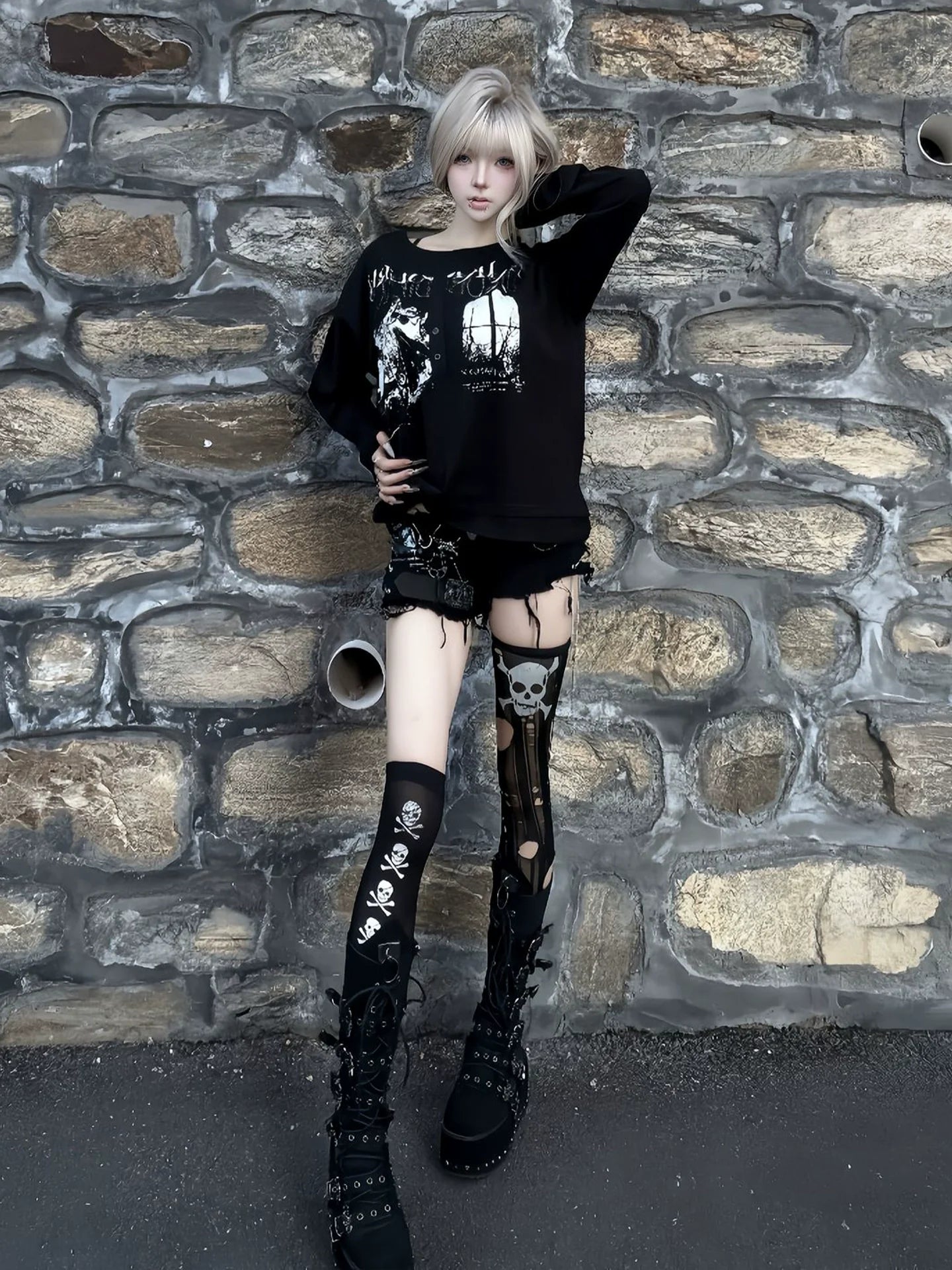 Punk Visual Kei Sheer Snowflake Henley Long Sleeve Layered Top