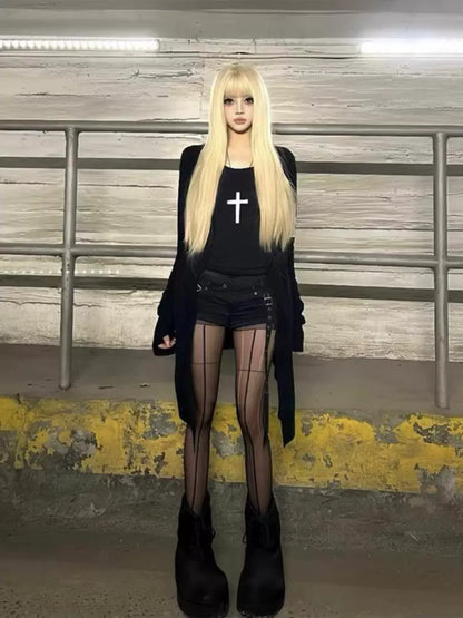 Cross Print Knit Cardigan Subculture Gothic Rock Punk Y2K E-girl Abi Mid-Length Jacket