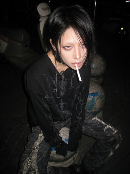 Y2K Black Curved Knife Long Sleeve Punk Tee