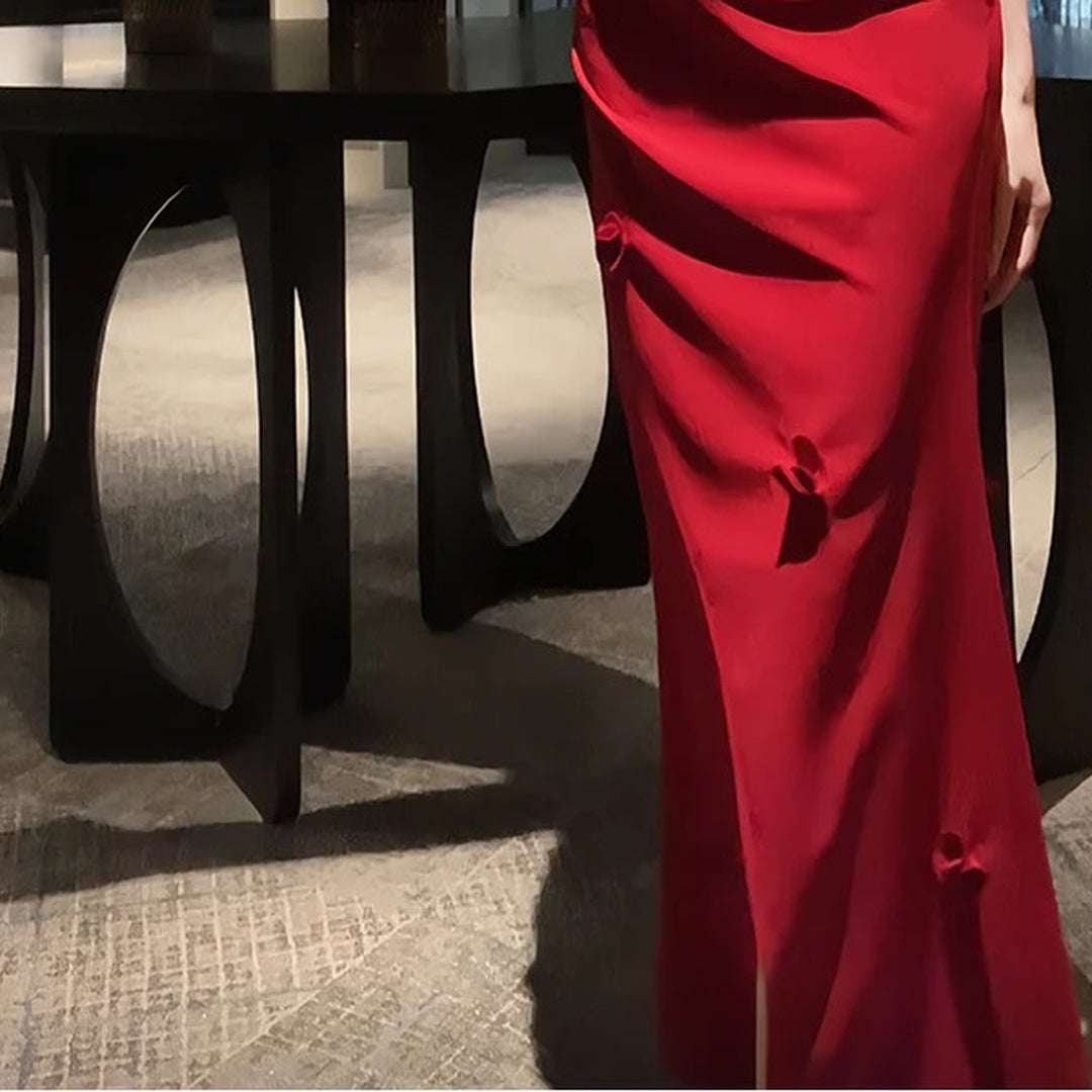 French Draped Spaghetti Strap Beach Resort Gown Dress – Waist-Fitted Dress