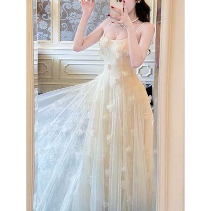 French Lace Floral Tulle Spaghetti Strap Gown Dress