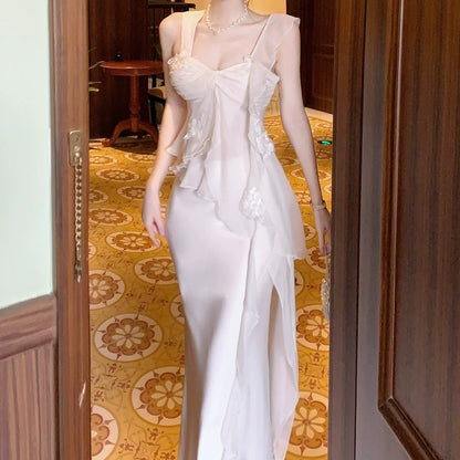 French Lace Floral Asymmetrical Top and Satin Mermaid Skirt Set