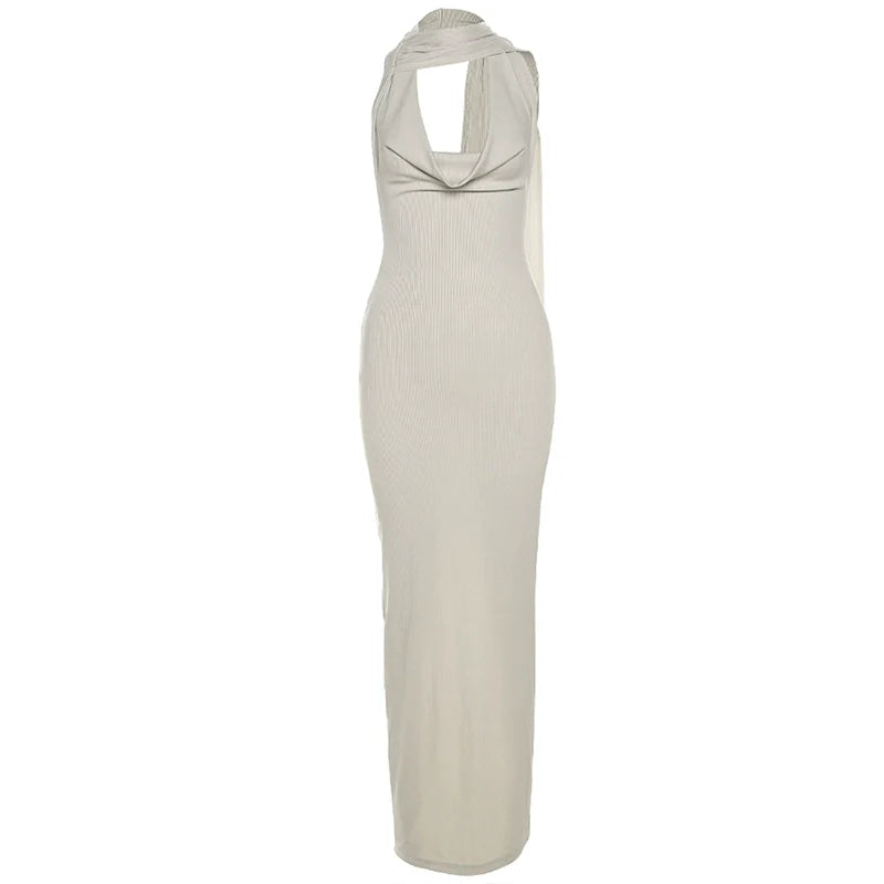 Sexy Halter Cowl-Neck Open-Back High-Slit Maxi Dress