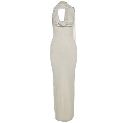 Sexy Halter Cowl-Neck Open-Back High-Slit Maxi Dress