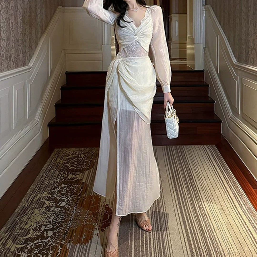 French Vintage Lace Long Sleeve Gown Dress