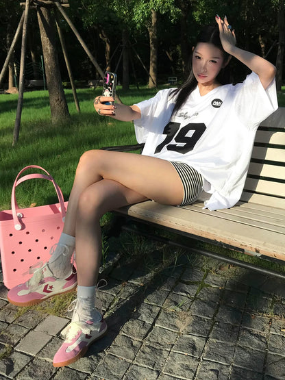 American Retro V-Neck Mesh Jersey Tee Summer Oversized Sporty Top