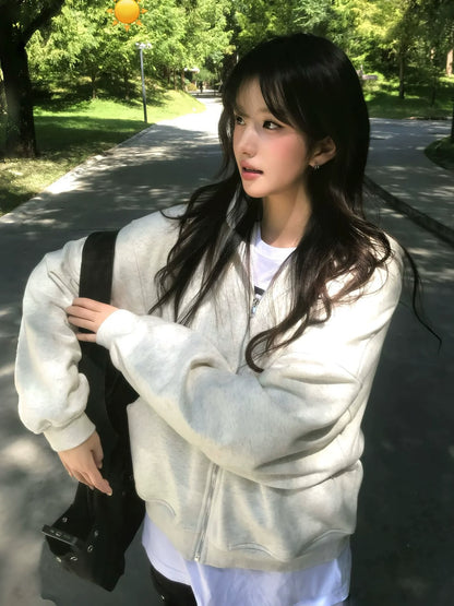 Korean Lazy Chic Hoodie Casual Zip-Up Sweatshirt