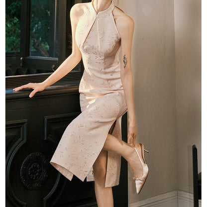 Modern Chinese Pink Jacquard Slit Gown Dress