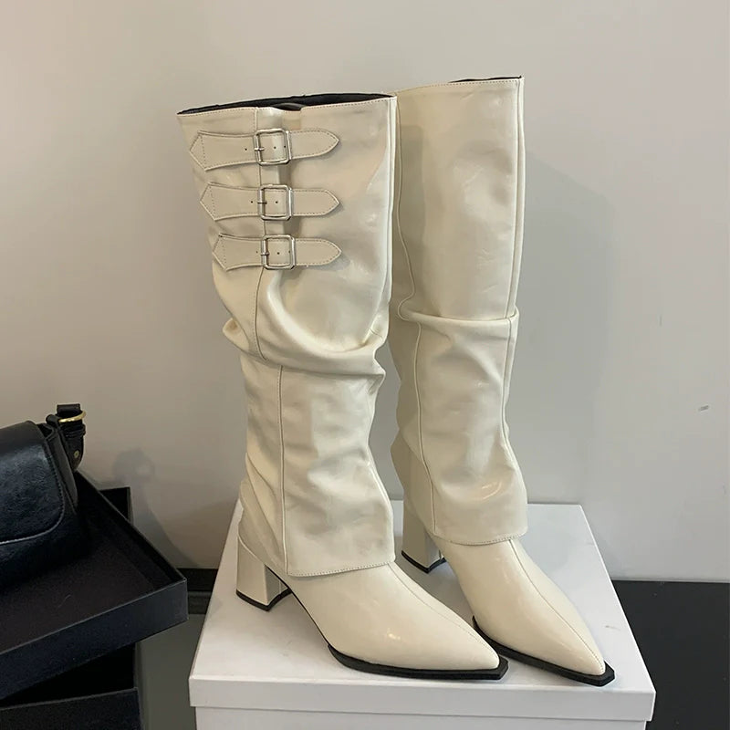 Pointed Toe Two Way High Heel Knee High Boots 2025 Fall Winter New Spicy Girl Vibe Slouchy Ruffled Chunky Heel Cowboy Boots