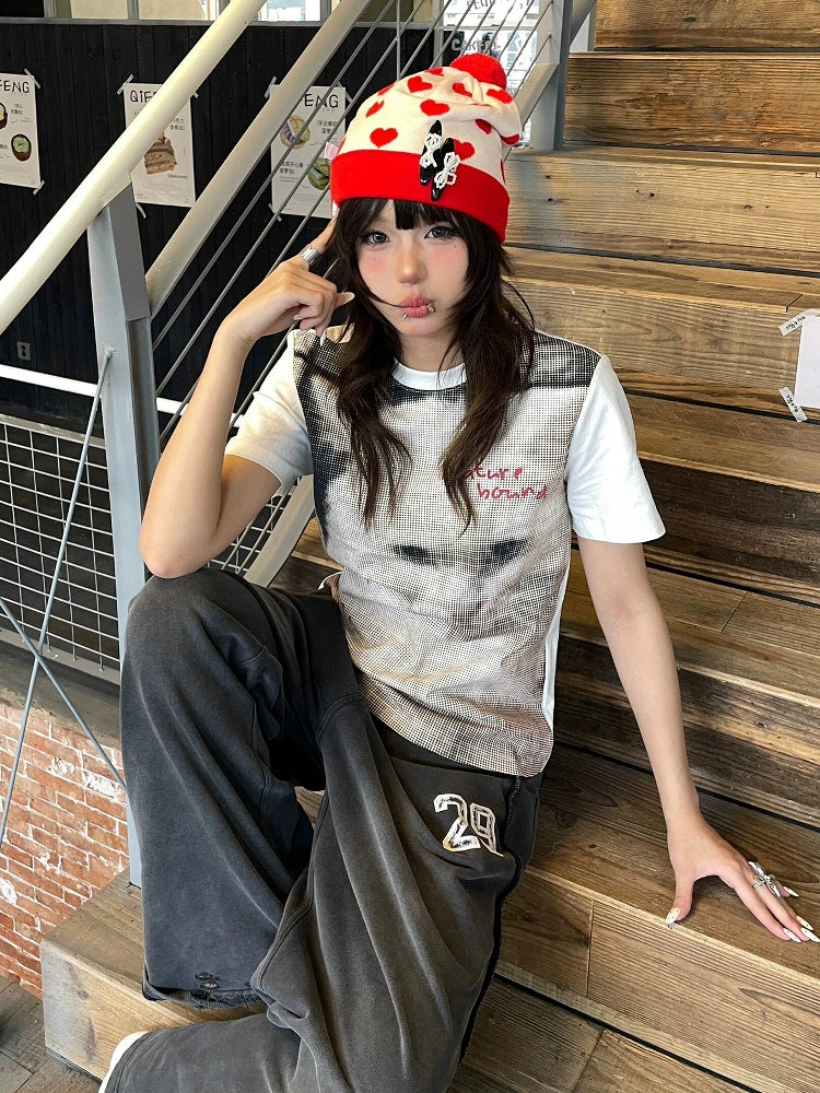 Retro White Cat Print Short Sleeve Slim Fit Top