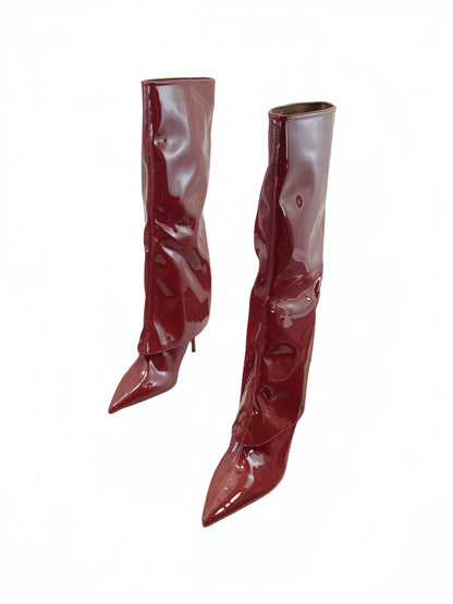 Fall Winter New European Sexy Red Patent Leather Knee High Thin Heel Luxury Pointed Toe Fashion Trouser Boots