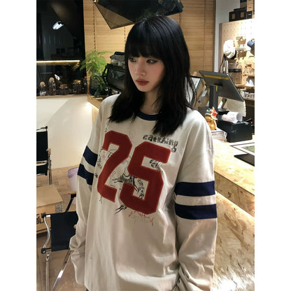 Retro Colorblock Graffiti Embroidered Long Sleeve Top