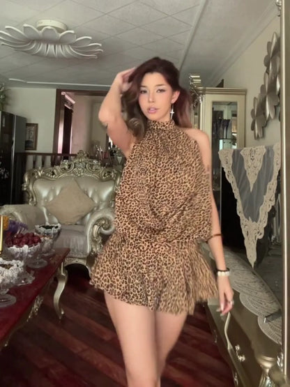 American Hot Girl Leopard Print Halter Backless Waist-Cinched Mini Dress