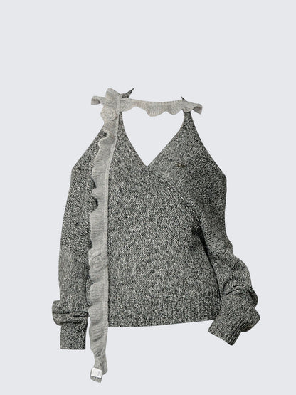 Tie Shoulder Floral Knit Sweater