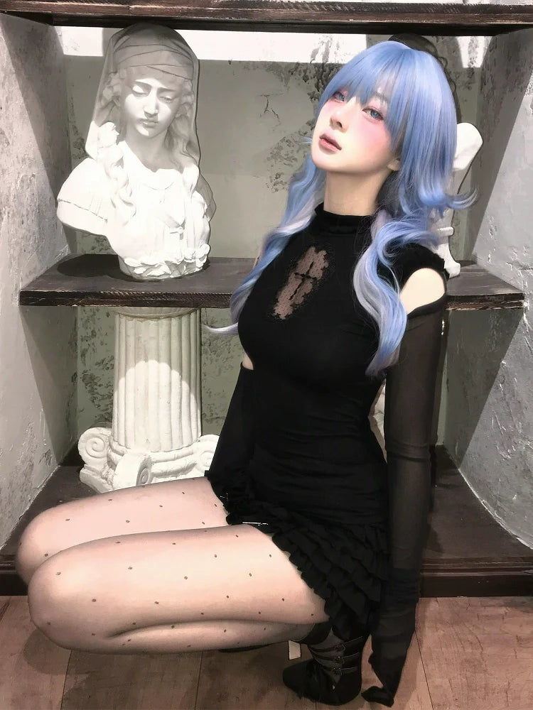 Y2K Subculture Black Tank Hollow-Out Cross Stretch Fitted Top