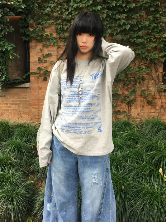 Vintage Gray Music Print Long Sleeve Top for Autumn Winter