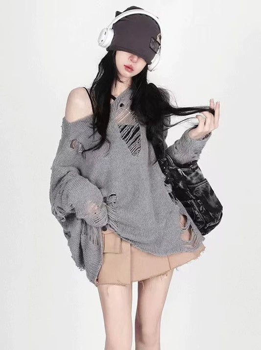Knit Top + Camisole Two-Piece Set Subculture Y2K E-girl Cutout & Distressed Slouchy Outerwear Set