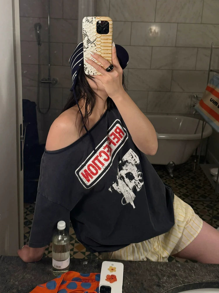 Distressed Letter Print Asymmetric Top for Summer