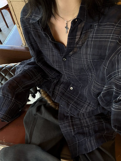Asymmetric Plaid Long Sleeve Shirt Sheer Vacation Loose Fit Top