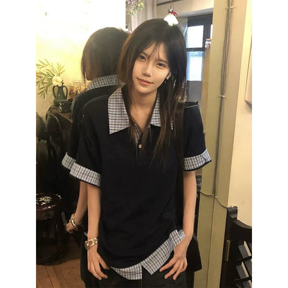 Two-Piece Look Polo Tee Navy Short Sleeve Top