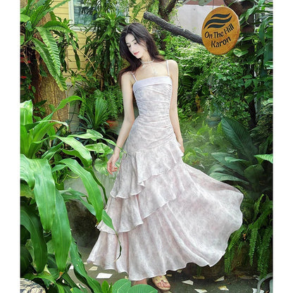 Pink Ruffle Spaghetti Gown Prom Dress