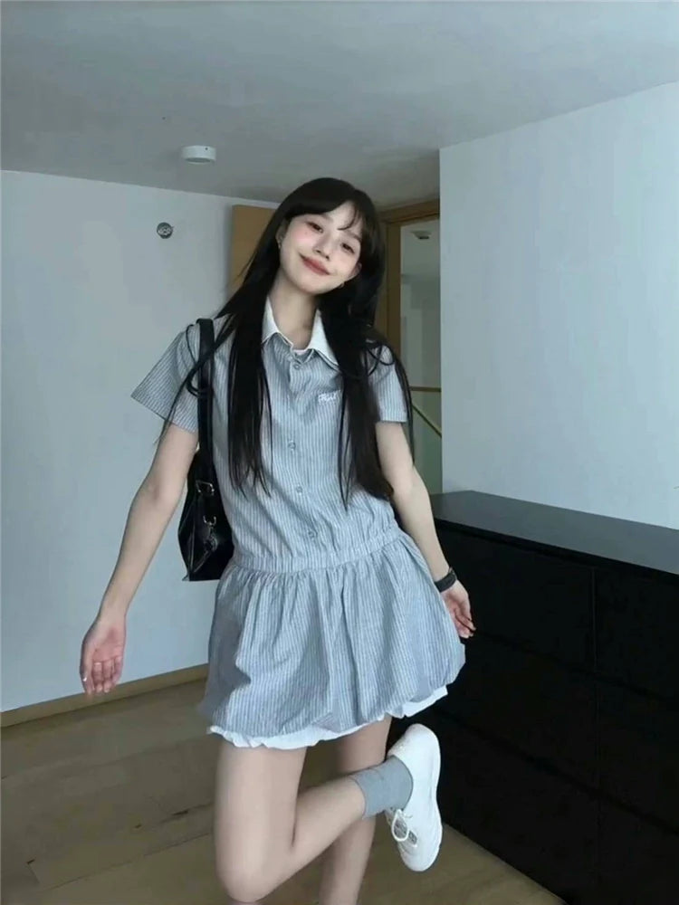 Preppy Style Fake Two-Piece Stripe Short-Sleeve Shirt Dress