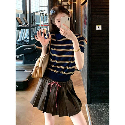 Striped Knit Polo Crop Top  Stretch Fitted Short Sleeve Shirt Y2K Preppy Style