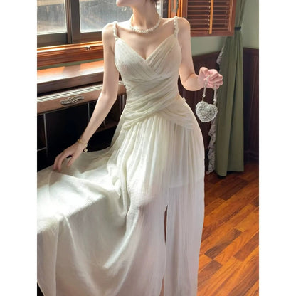 French White Spaghetti Strap Pleated Waist Gown Dress