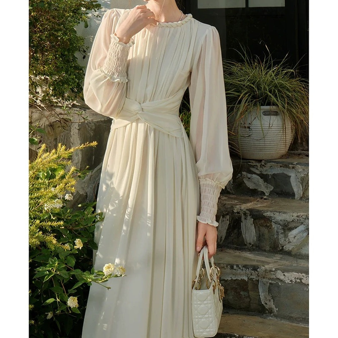 French Knot Waist Long Sleeve Chiffon Gown Dress