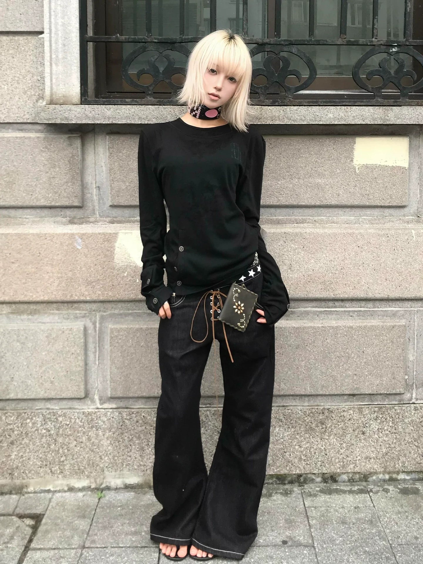 Y2K Subculture Black Long Sleeve Tee Fitted Layered Visual Kei Top