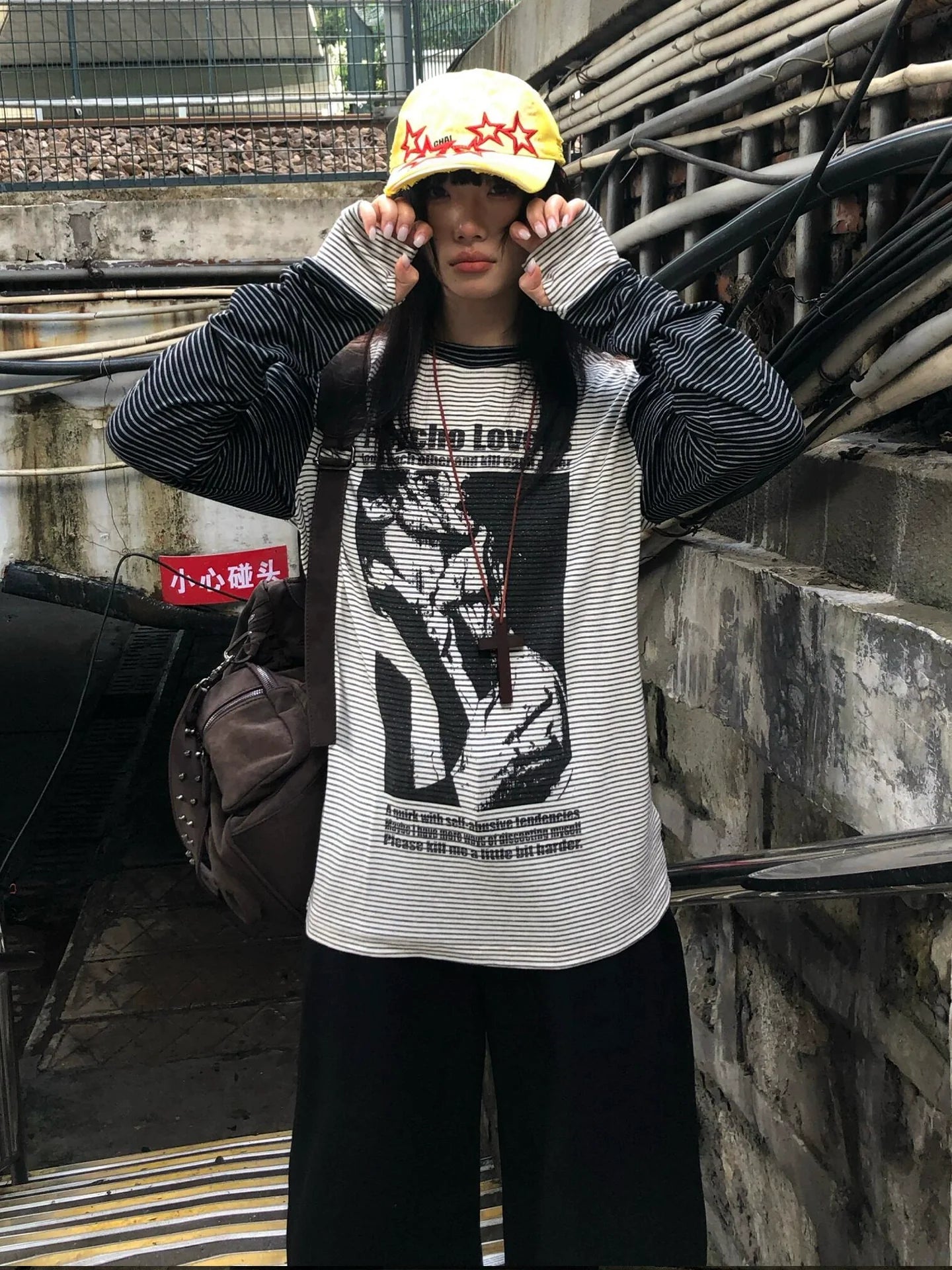 Punk Subculture Striped Long Sleeve Tee Vintage Layered Street Top