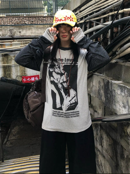 Punk Subculture Striped Long Sleeve Tee Vintage Layered Street Top