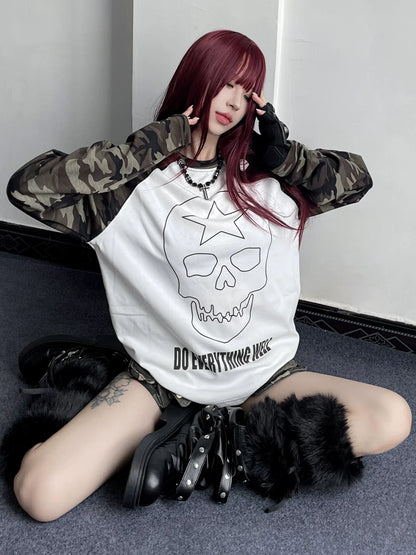 Visual Kei Camo Skull Long Sleeve Tee Autumn Raglan Sleeve Loose Base Top