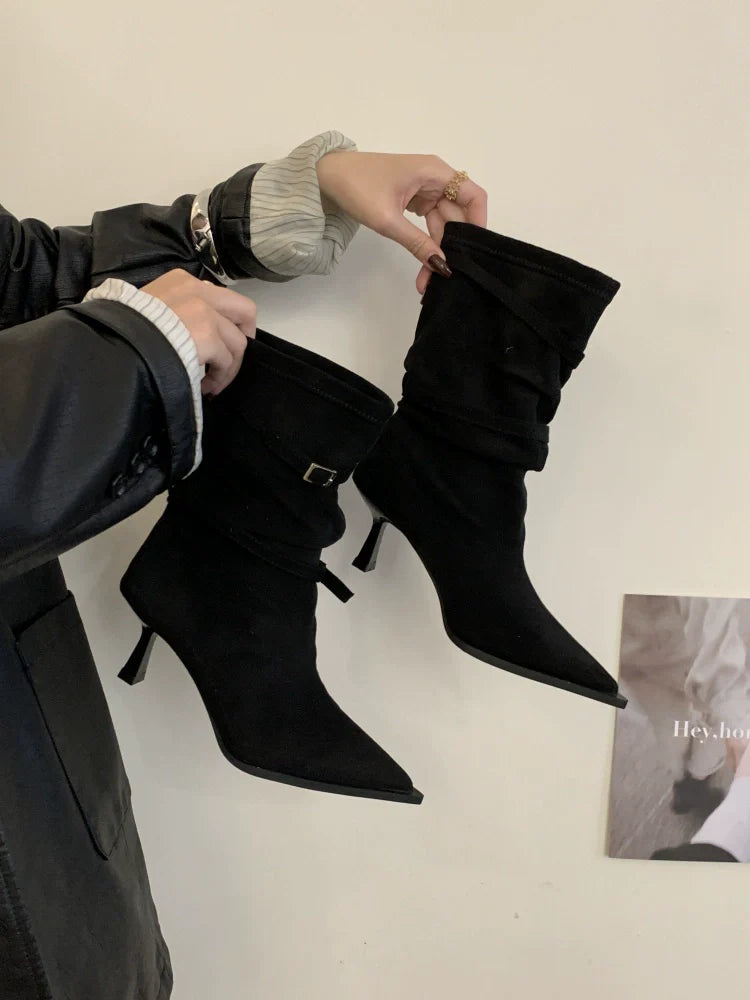 Fall Winter New French Retro Pointed Toe Thin Heel Ankle Boots Suede Slouchy Chunky Heel Western Boots