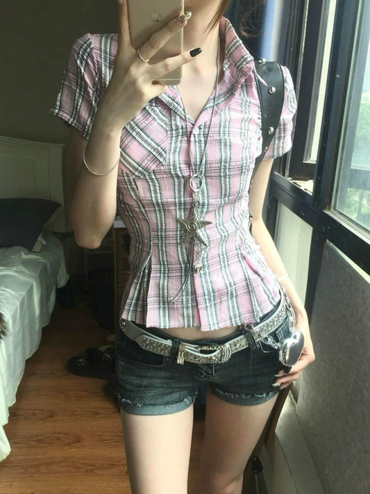 American Checkered Short Sleeve Shirt Summer Slim Fit Preppy College Style Top