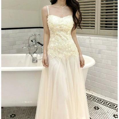 French 3D Flower Heavywork Spaghetti Strap Gown Dress