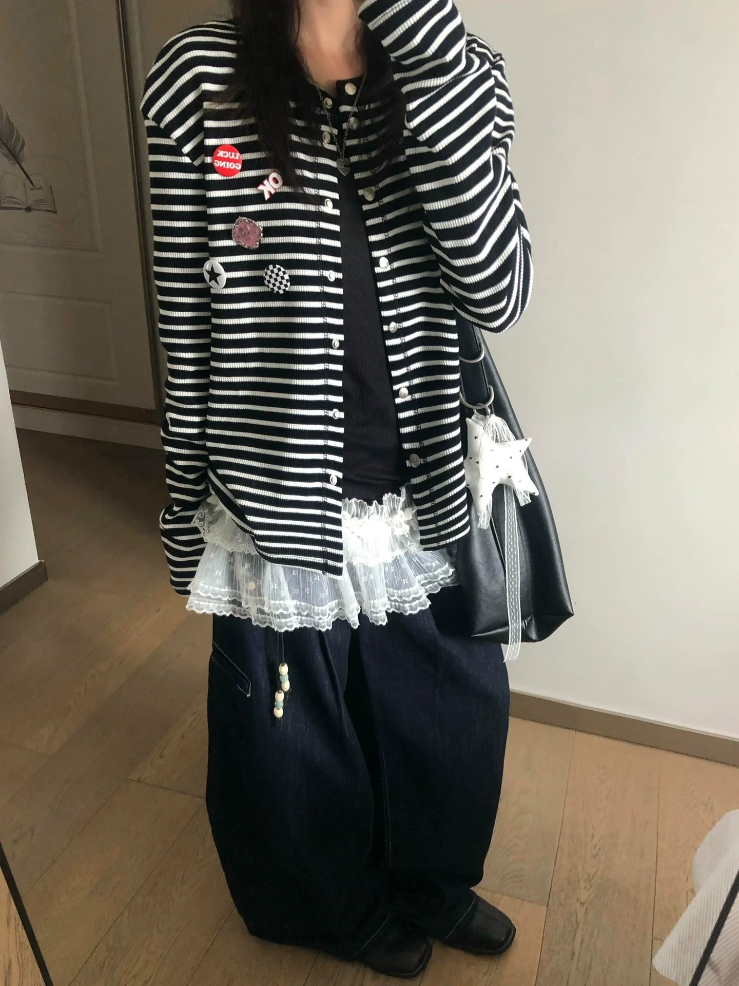 Vintage Black-White Stripe Knit Cardigan Y2K Loose Lazy Sweater