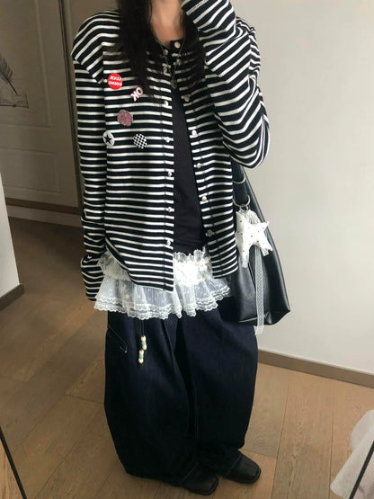Vintage Black-White Stripe Knit Cardigan Y2K Loose Lazy Sweater