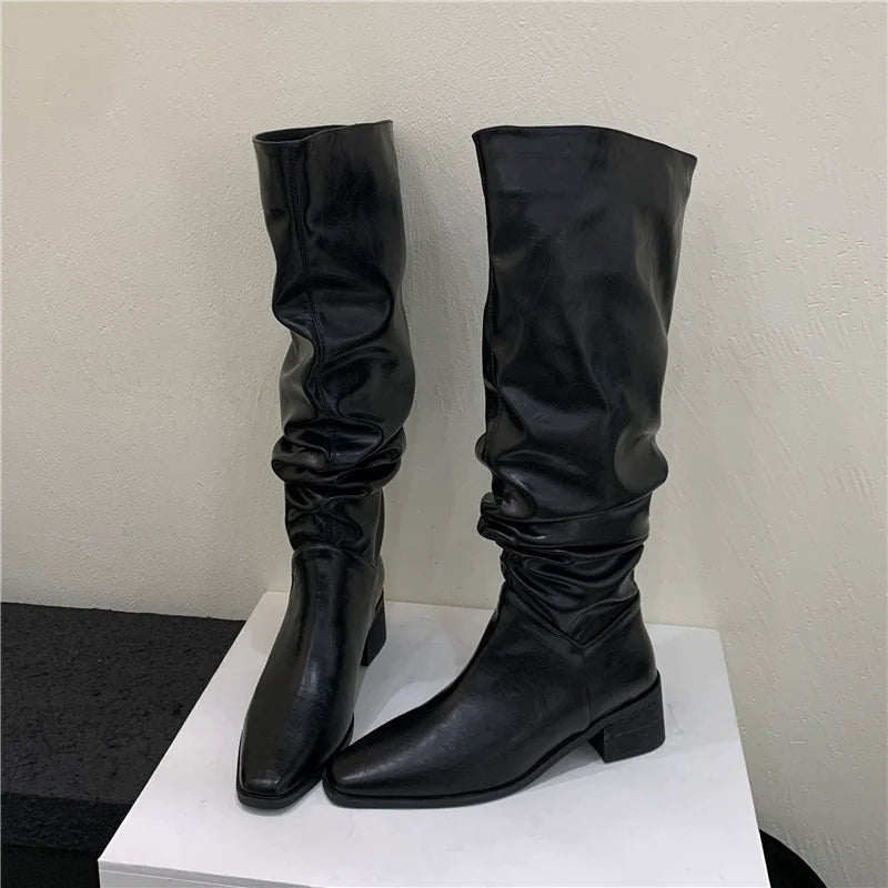 Slouchy Womens Boots Fall Winter New Over The Knee Knee High Petite Retro Brown Chunky Heel Fashion Boots