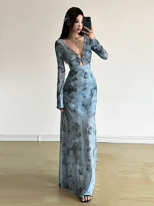 South French Vacation Style Cutout V-Neck Tie-Dye Fitted Slimming Hot Girl Maxi Dress
