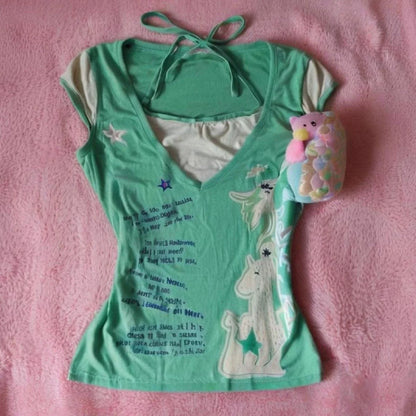 Old-School Green Fake Two-Piece Light Subculture Y2K T-Shirt