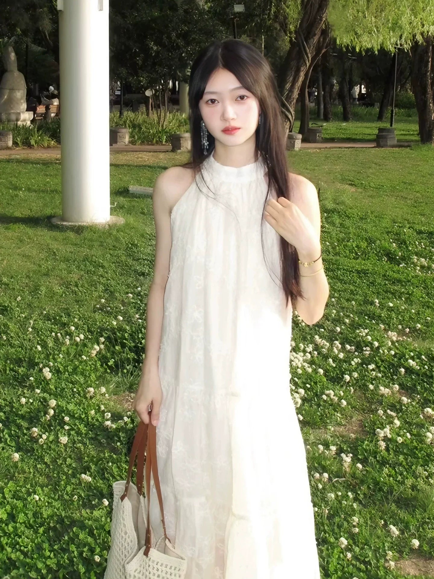 Soft Elegant Bow Halter Embroidered Maxidress