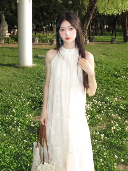 Soft Elegant Bow Halter Embroidered Maxidress