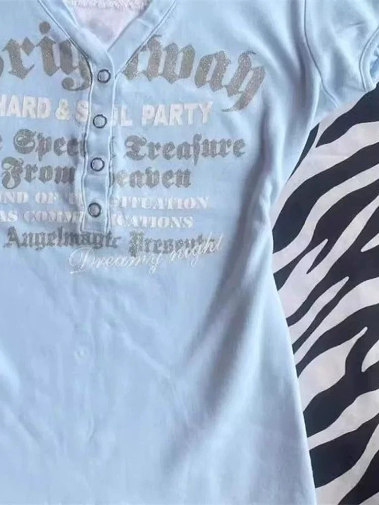 Blue American Vintage V-Neck Lace Letter Button Y2K T-Shirt