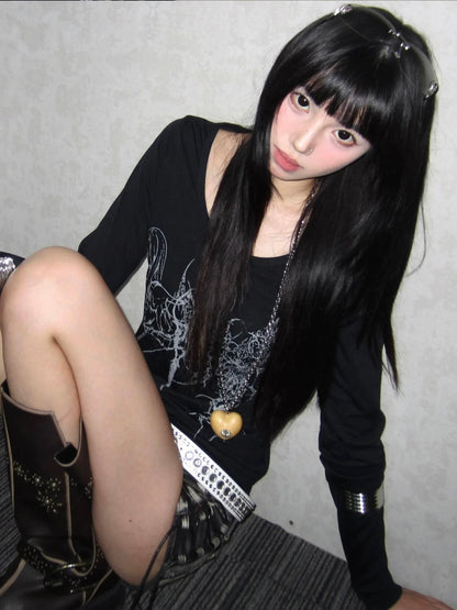 Y2K Subculture Fitted Long Sleeve Base Top  Structured Shoulder Slim Tee Visual Kei Streetwear