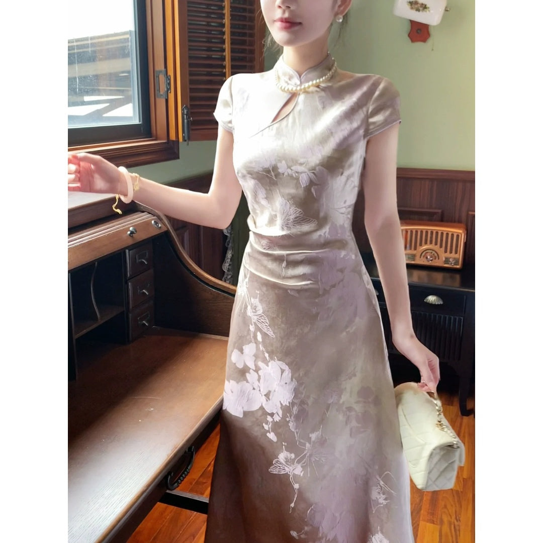 Purple Jacquard Chinese-Inspired Cheongsam Dress