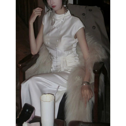 French Satin Pleated Gown Dress – High-End Fitted Evening Dress