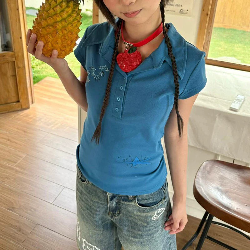 Blue Cropped Polo Shirt Y2K Retro Fitted Short Sleeve Top